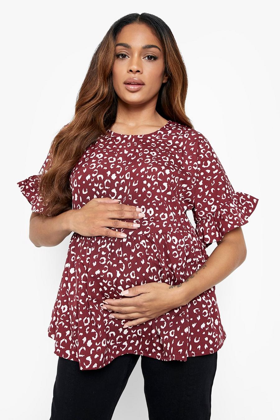 Berry Maternity Leopard Frill Sleeve Smock Top image number 1