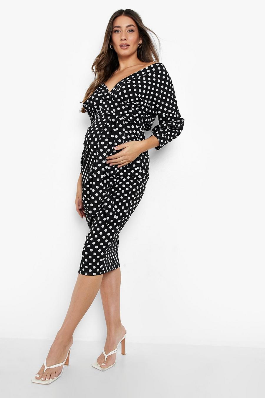 Black Maternity Polka Dot Off Shoulder Midi Dress image number 1