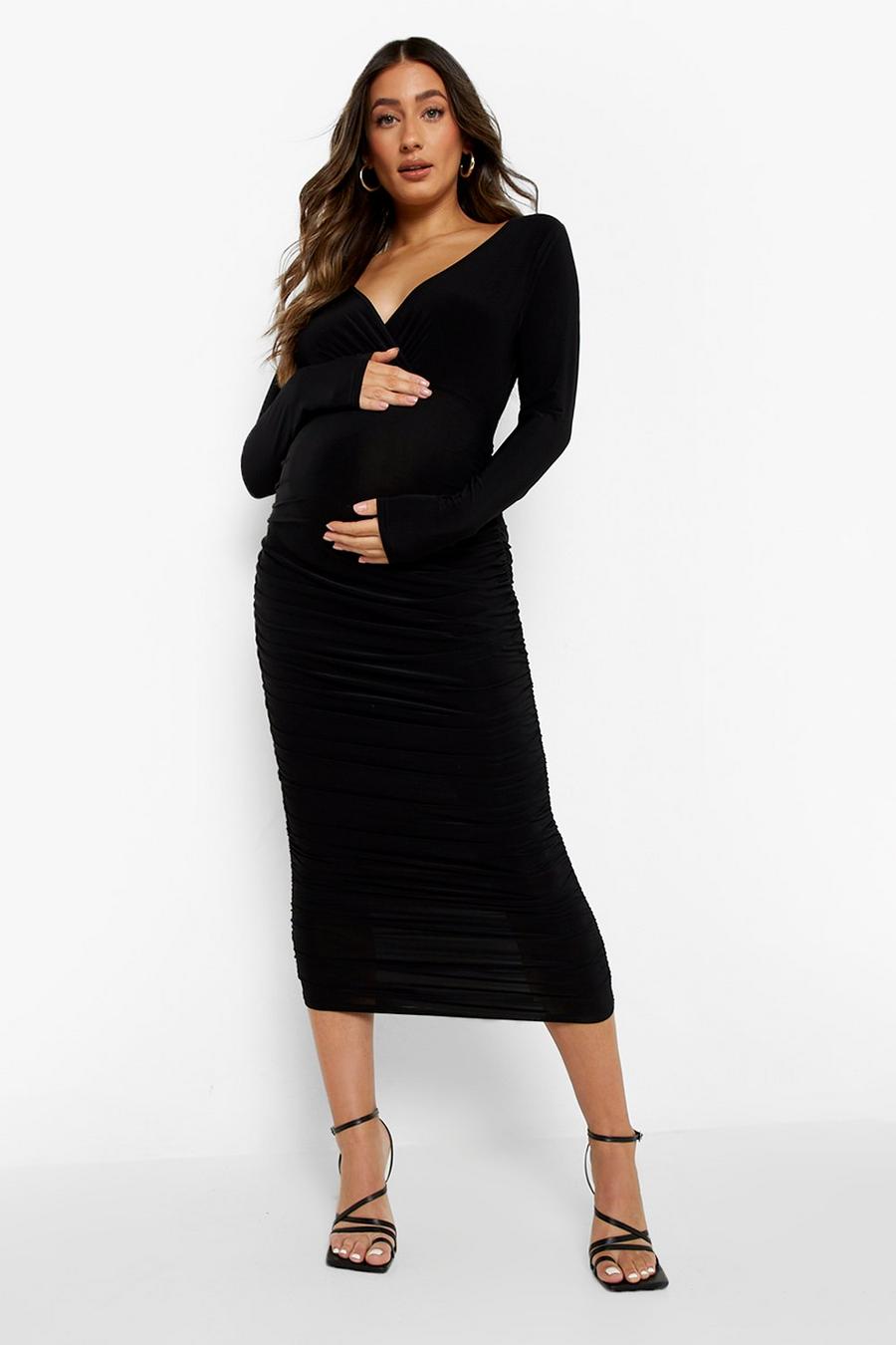 Black Maternity Plunge Wrap Long Sleeve Midi Dress image number 1