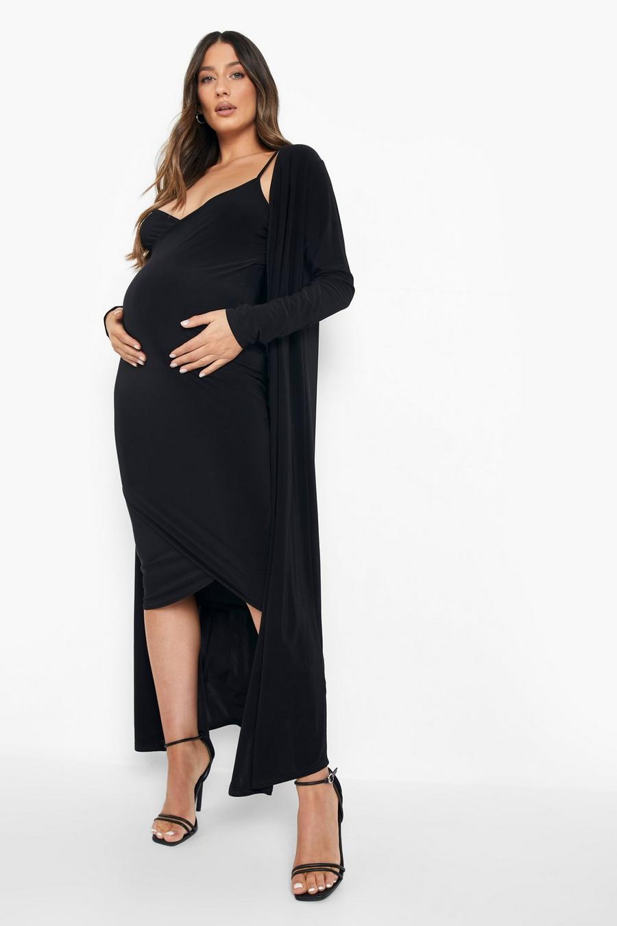 Black Maternity Strappy Wrap Dress And Duster Set image number 1