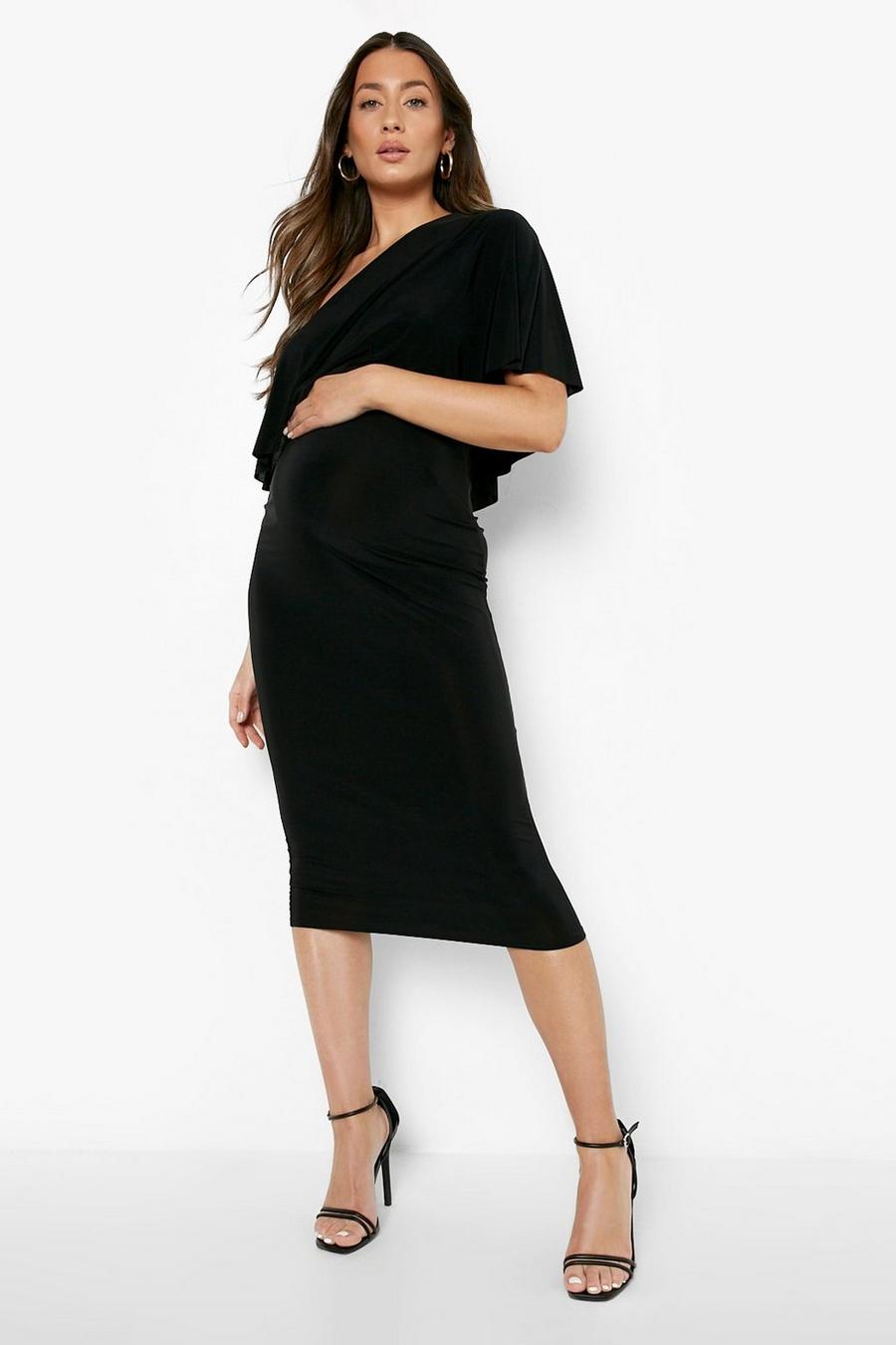 Black Maternity One Shoulder Overlay Midi Dress