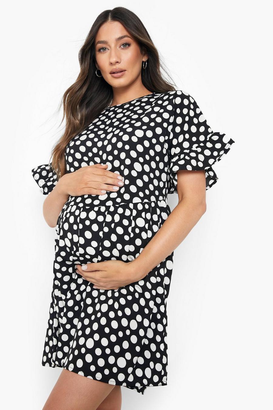 Black Maternity Frill Sleeve Polka Dot Smock Dress image number 1
