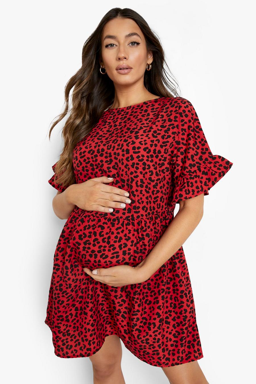 Red Maternity Leopard Frill Sleeve Smock Dress image number 1