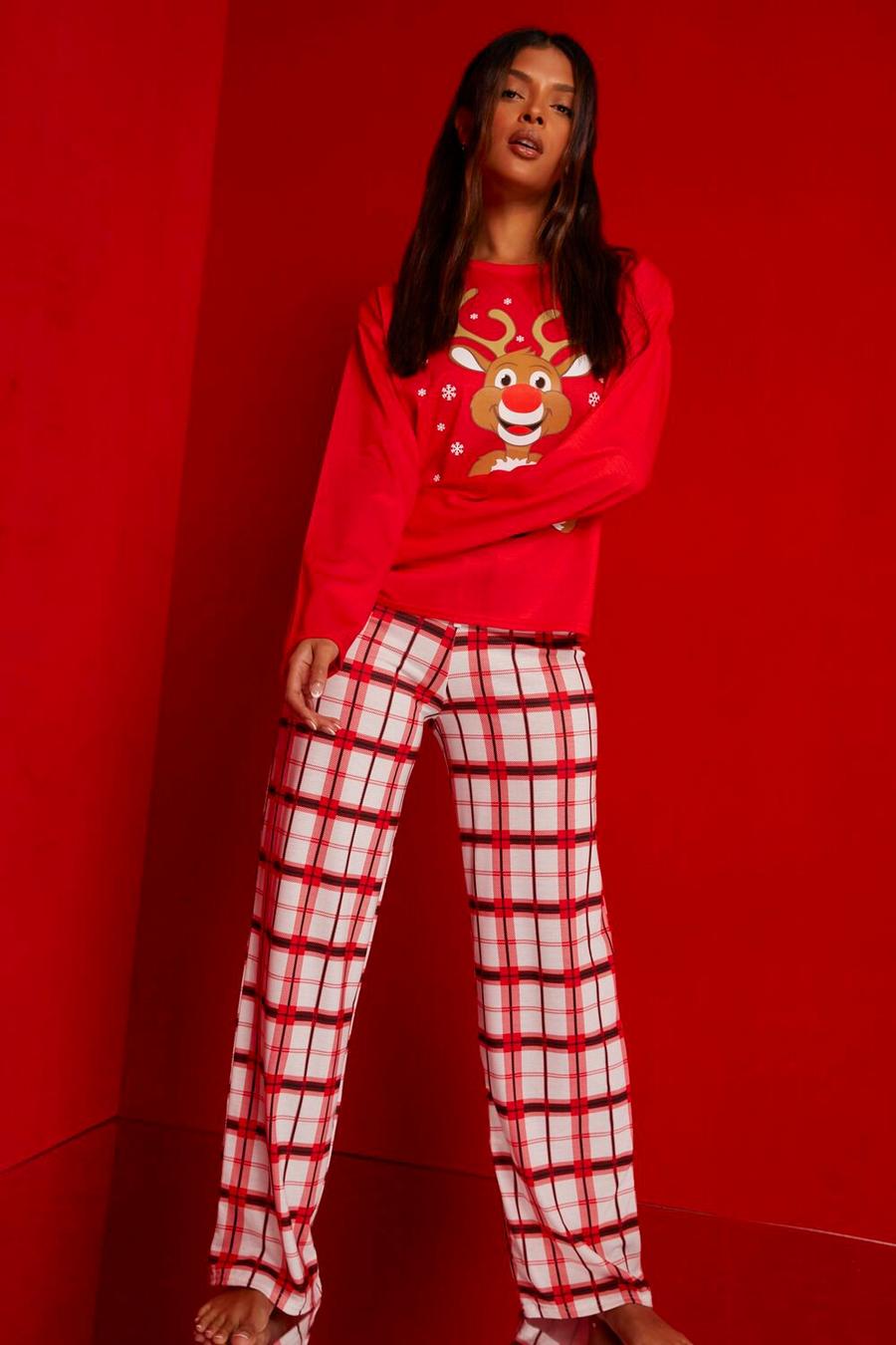 Red röd Reindeer And Check Printed Trouser Set