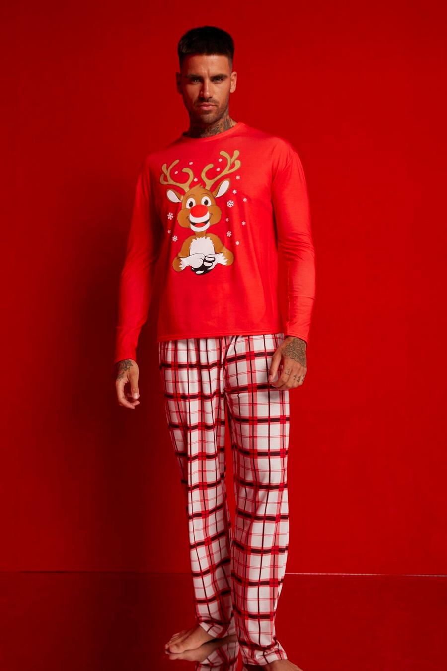 Pijama de hombre con pantalón largo y estampado de cuadros y renos, Red rosso