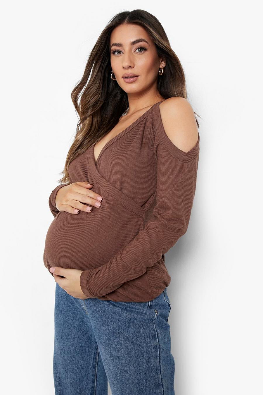 Chocolate Maternity Cold Shoulder Wrap Rib Knit Sweater image number 1