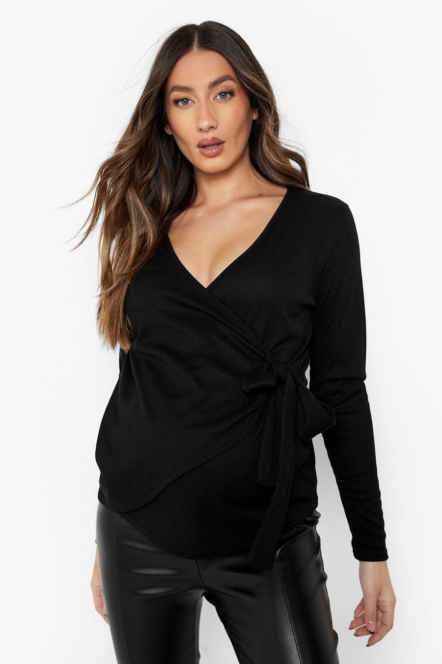 Black Maternity Tie Side Rib Knit Wrap Sweater image number 1