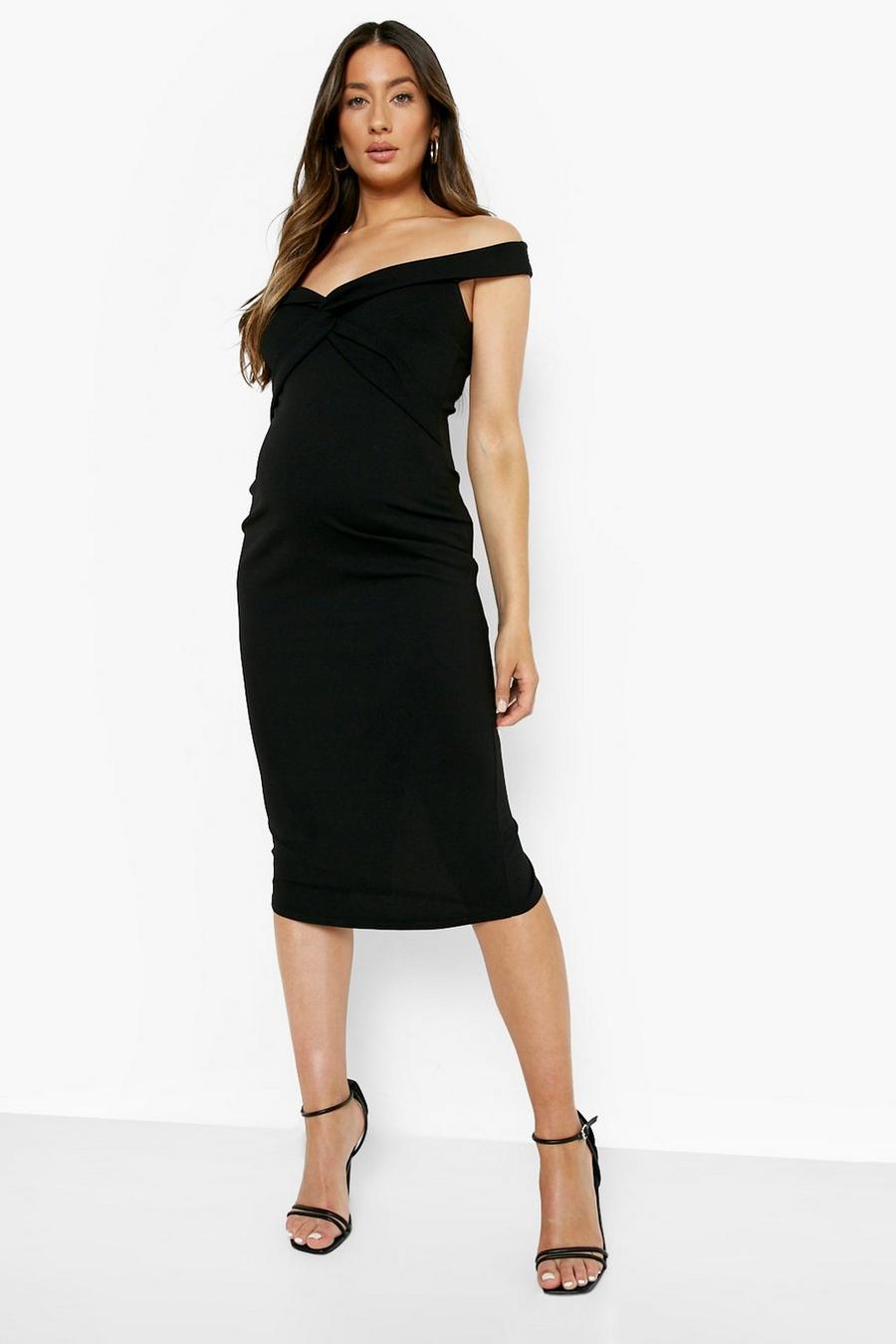 Black Maternity Off The Shoulder Twist Front Midi Dress image number 1