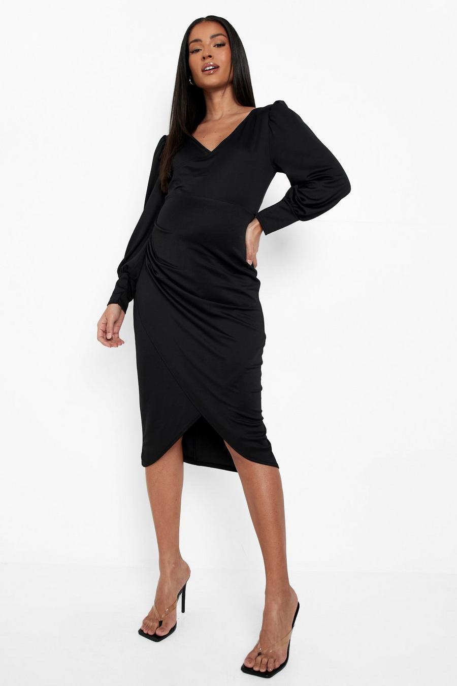 Black Maternity Wrap Puff Sleeve Midi Dress image number 1