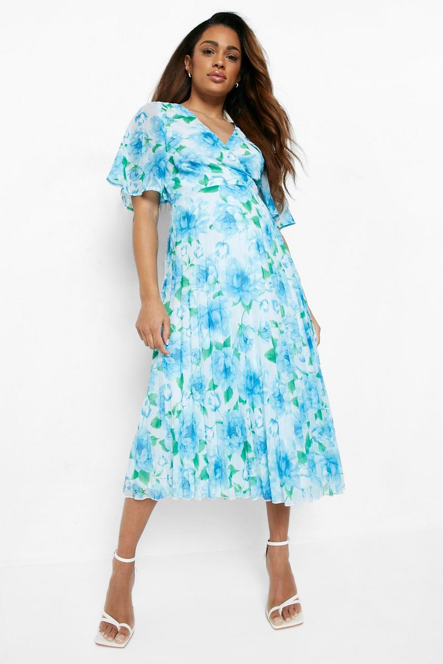 Blue Maternity Floral Wrap Pleated Midi Skater Dress image number 1