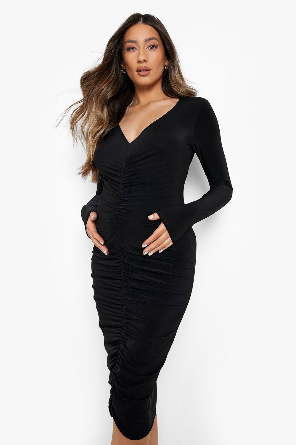 Women's Black long sleeve knee length ruched maternity & nursing dress