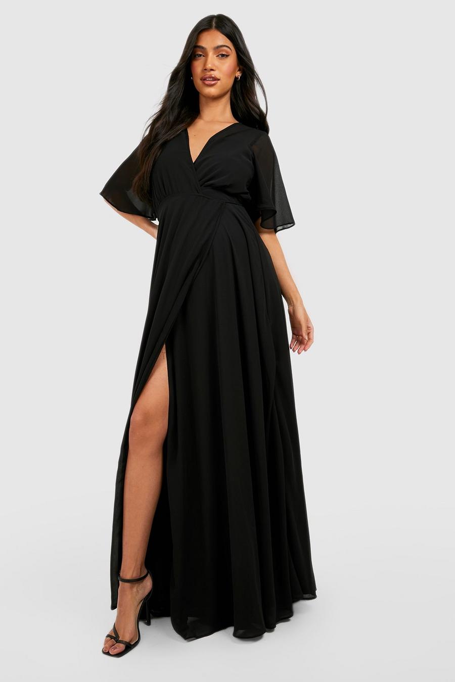 Black Maternity Occasion Angel Sleeve Wrap Dress image number 1