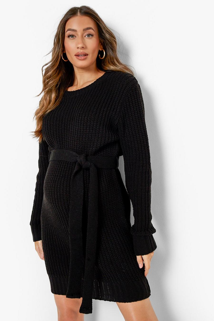 Black Maternity Soft Knit Tie Waist Sweater Dress image number 1