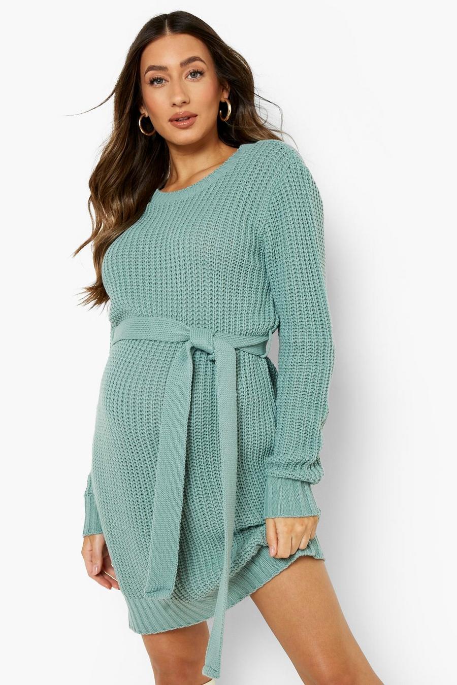 Sage green Maternity Soft Knit Tie Waist Sweater Dress