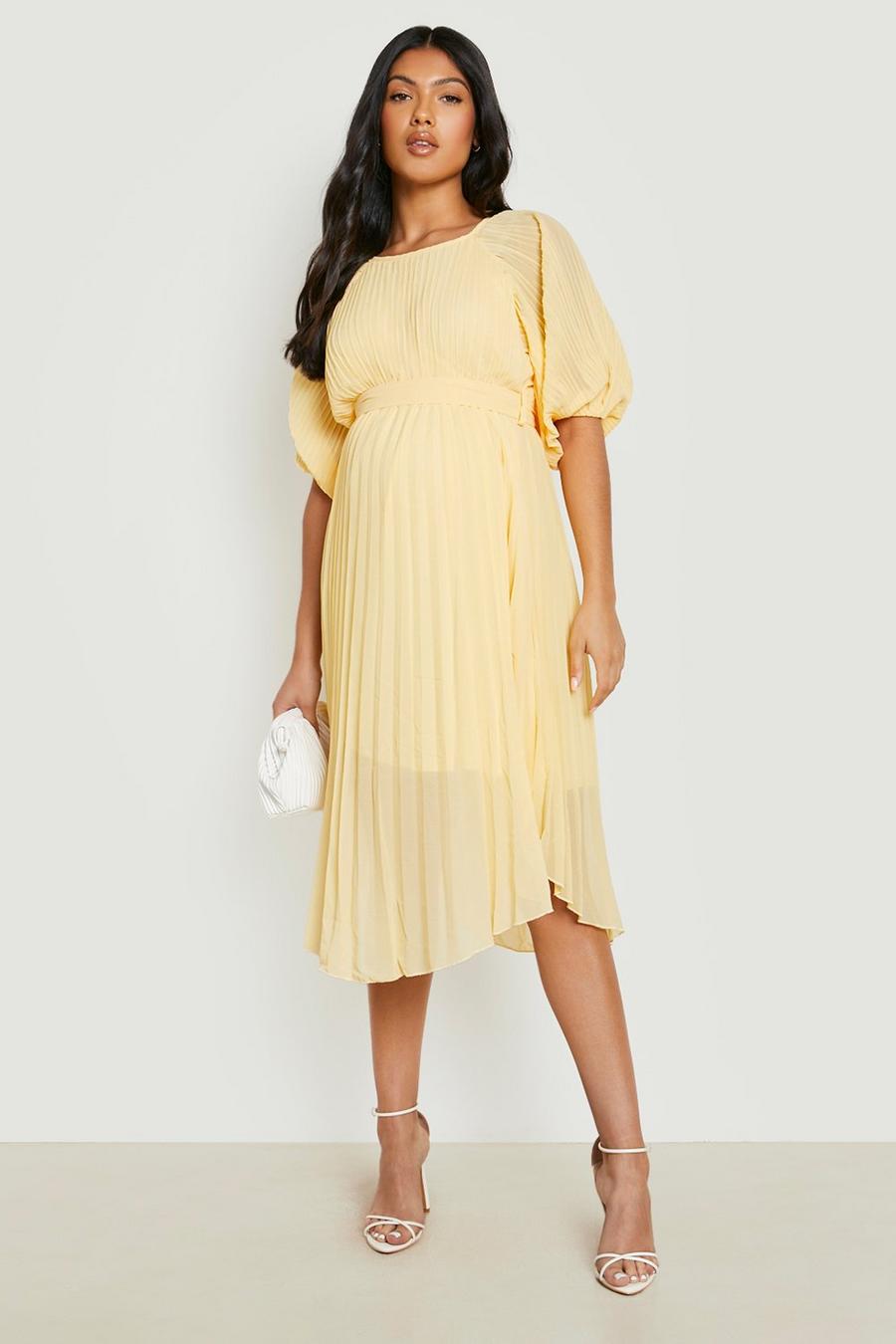 Lemon giallo Maternity Tie Waist Pleated Puff Sleeve Midi Dress