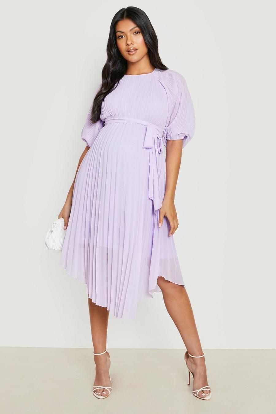 Lilac purple Maternity Tie Waist Pleated Puff Sleeve Midi Dress image number 1