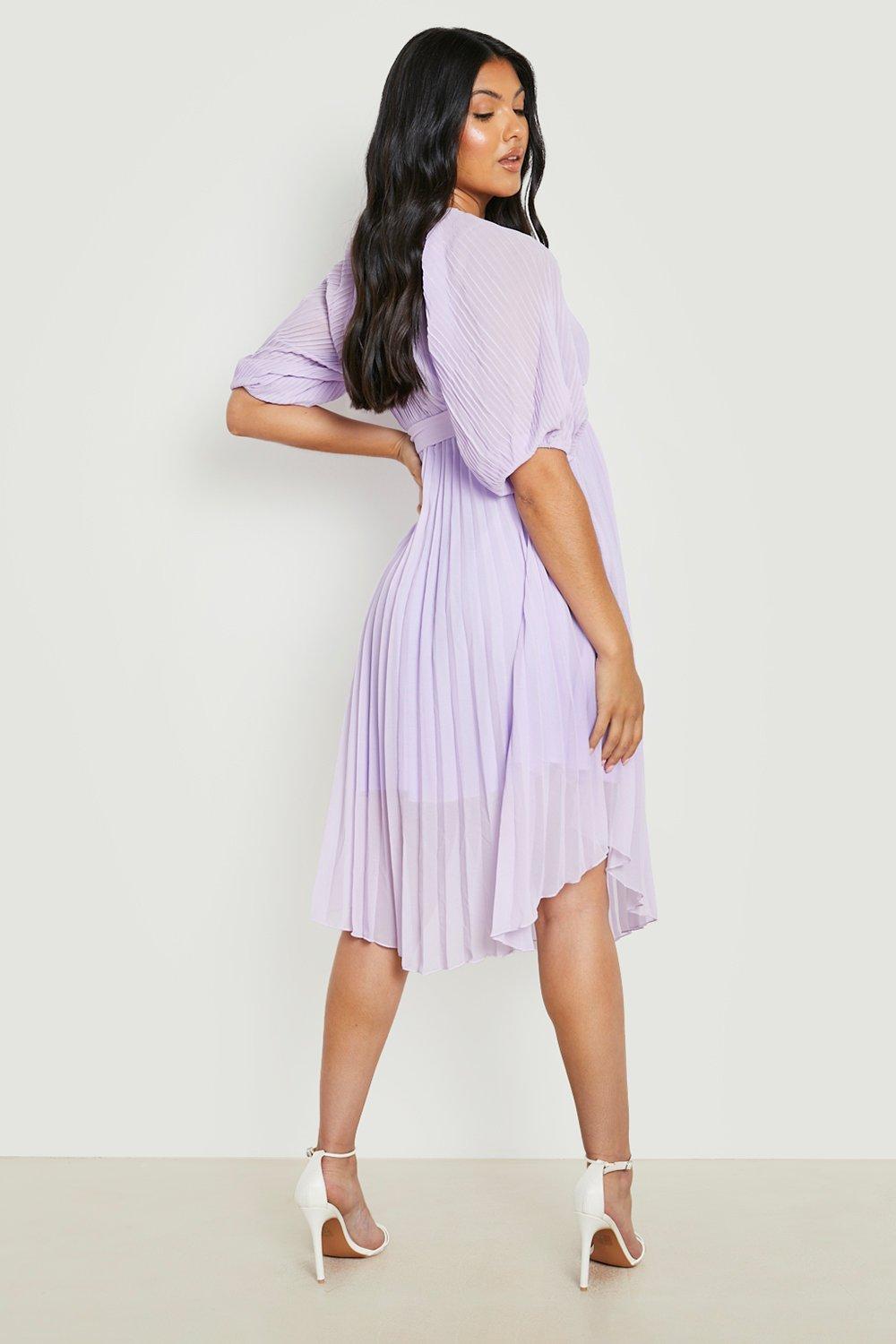 Maternity Tie Waist Pleated Puff Sleeve Midi Dress