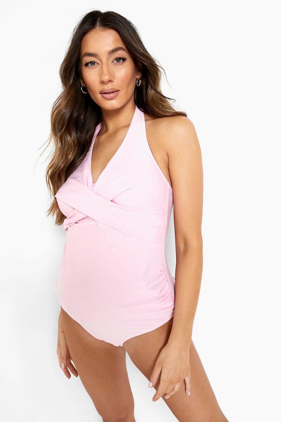 Pink Maternity Cross Detail Bump Control Swimsuit image number 1