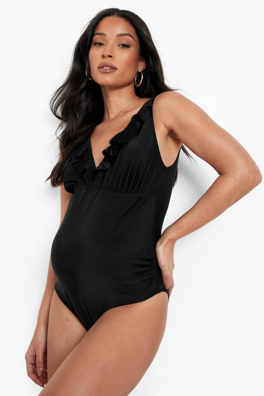 Black Maternity Frill Plunge Swimsuit image number 1