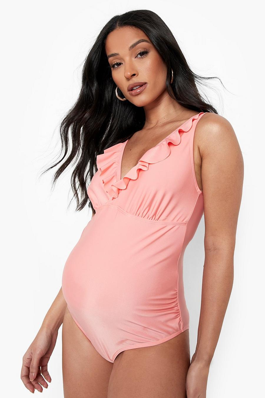 Coral rosa Maternity Frill Plunge Swimsuit