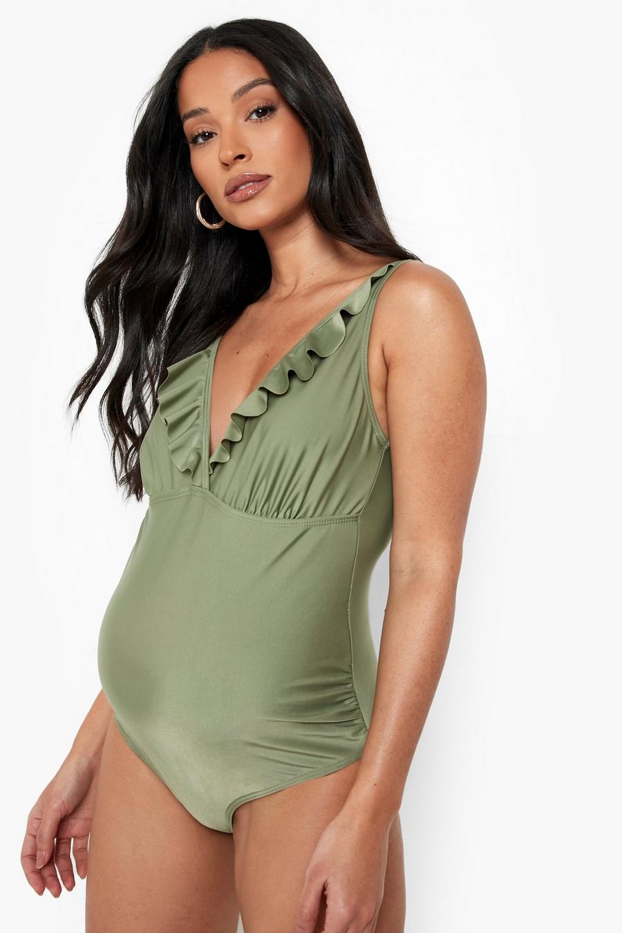 JoJo Maman Bébé Khaki Green & Black Spot Frill Maternity Swimsuit