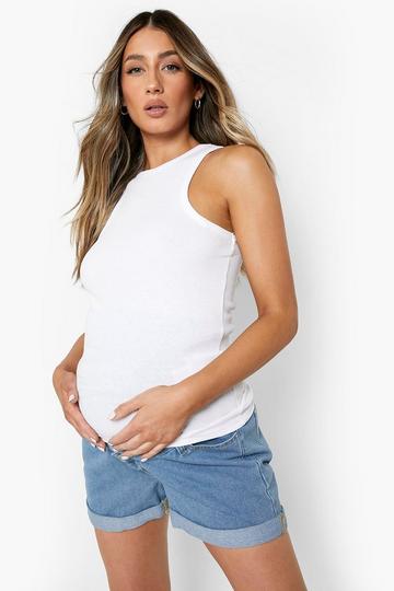 Maternity Over The Bump Roll Hem Mom Shorts blue