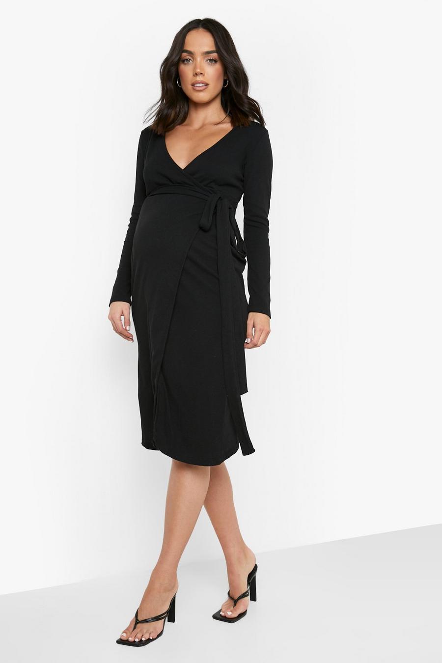 Black Maternity Rib Wrap Side Split Midi Dress image number 1
