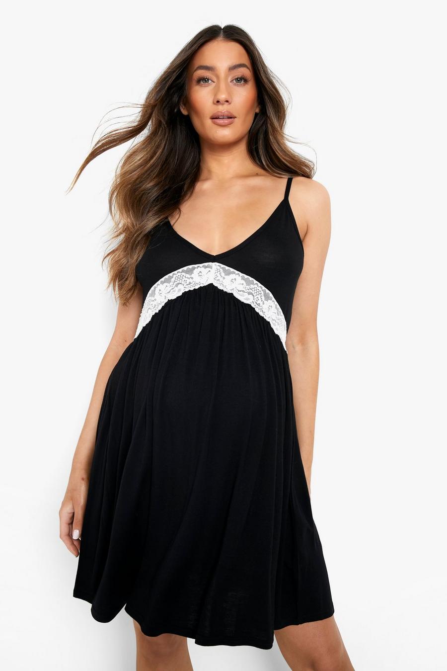 Black Maternity Lace Detail Nightgown image number 1