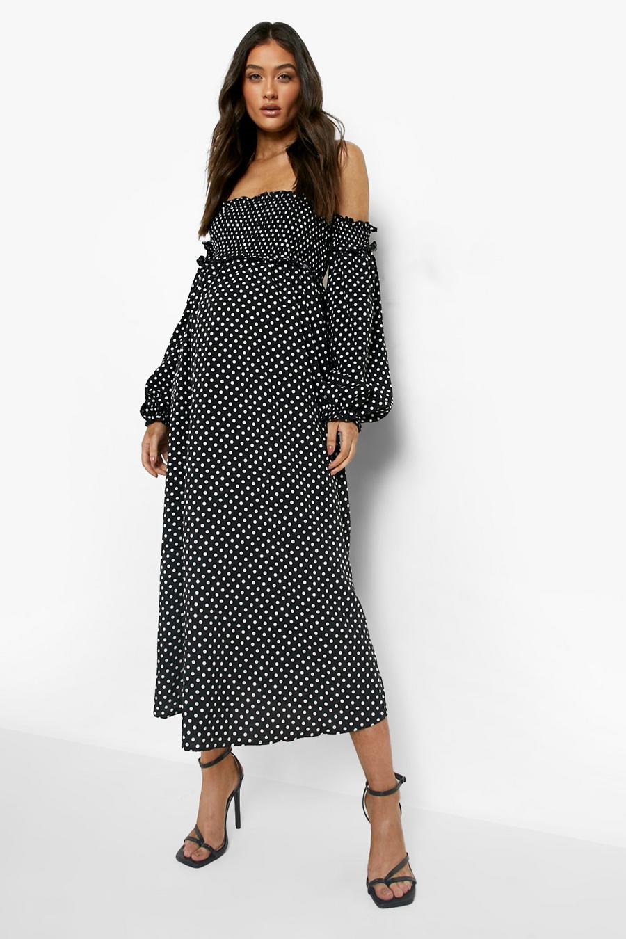 Black Maternity Polka Dot Shirred Midi Dress image number 1
