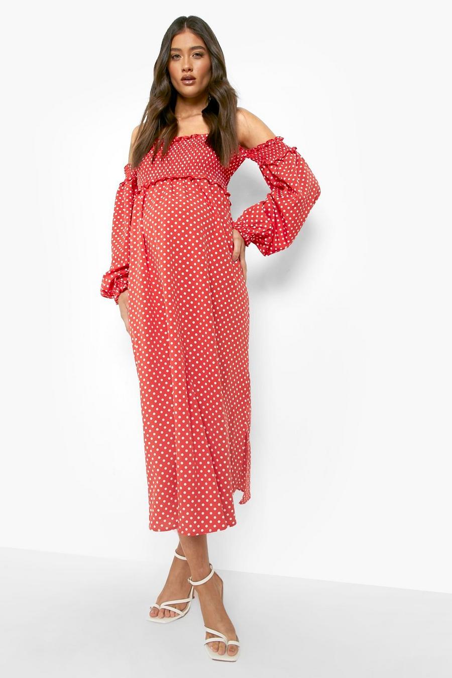 Red Maternity Polka Dot Shirred Midi Dress image number 1