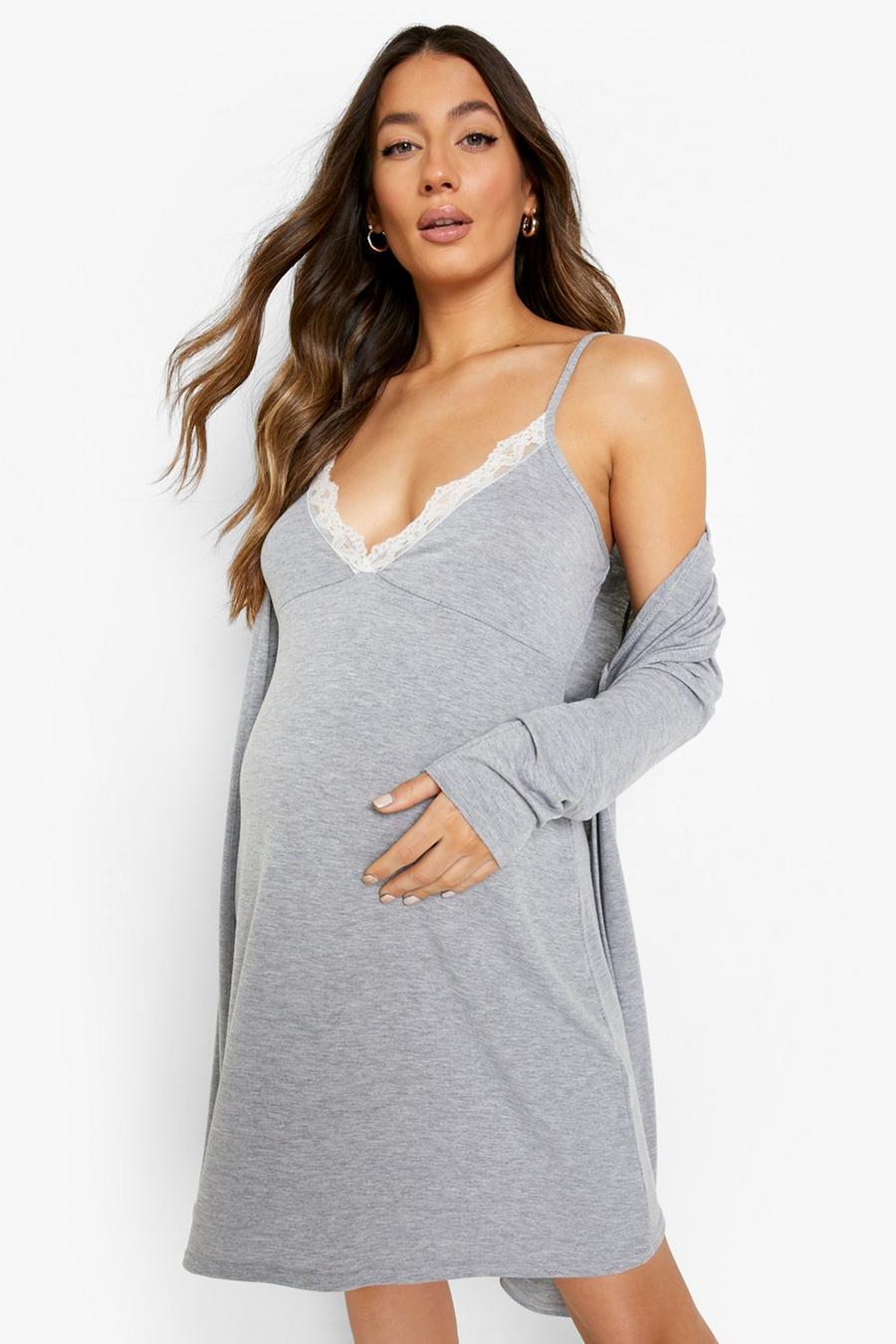 Grey marl Maternity Lace Trim Nightgown And Robe