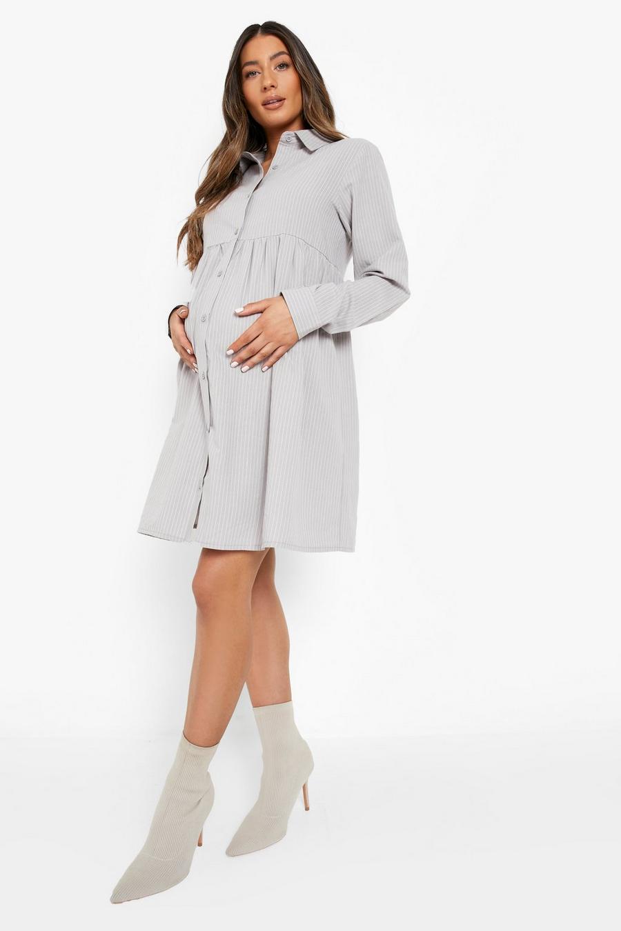 Grey Maternity Tiered Stripe Shirt Dress image number 1