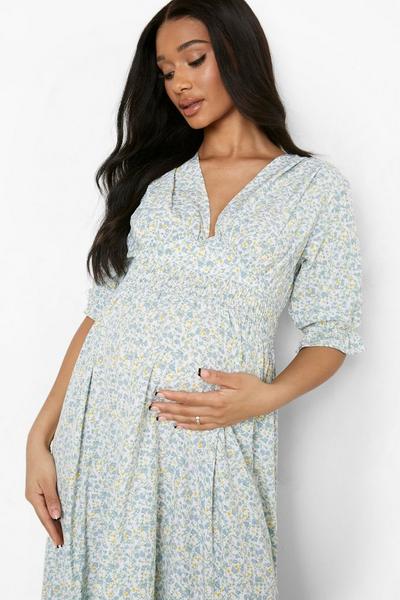 boohoo blue Maternity Floral Puff Sleeve Maxi Dress