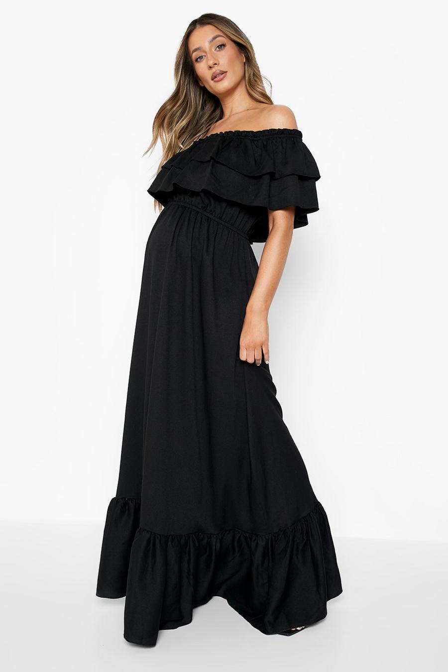 Black Maternity Ruffle Off The Shoulder Maxi Dress