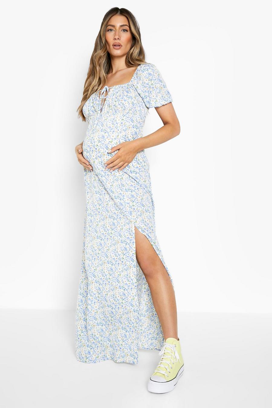 Blue Maternity Floral Tie Front Maxi Dress image number 1