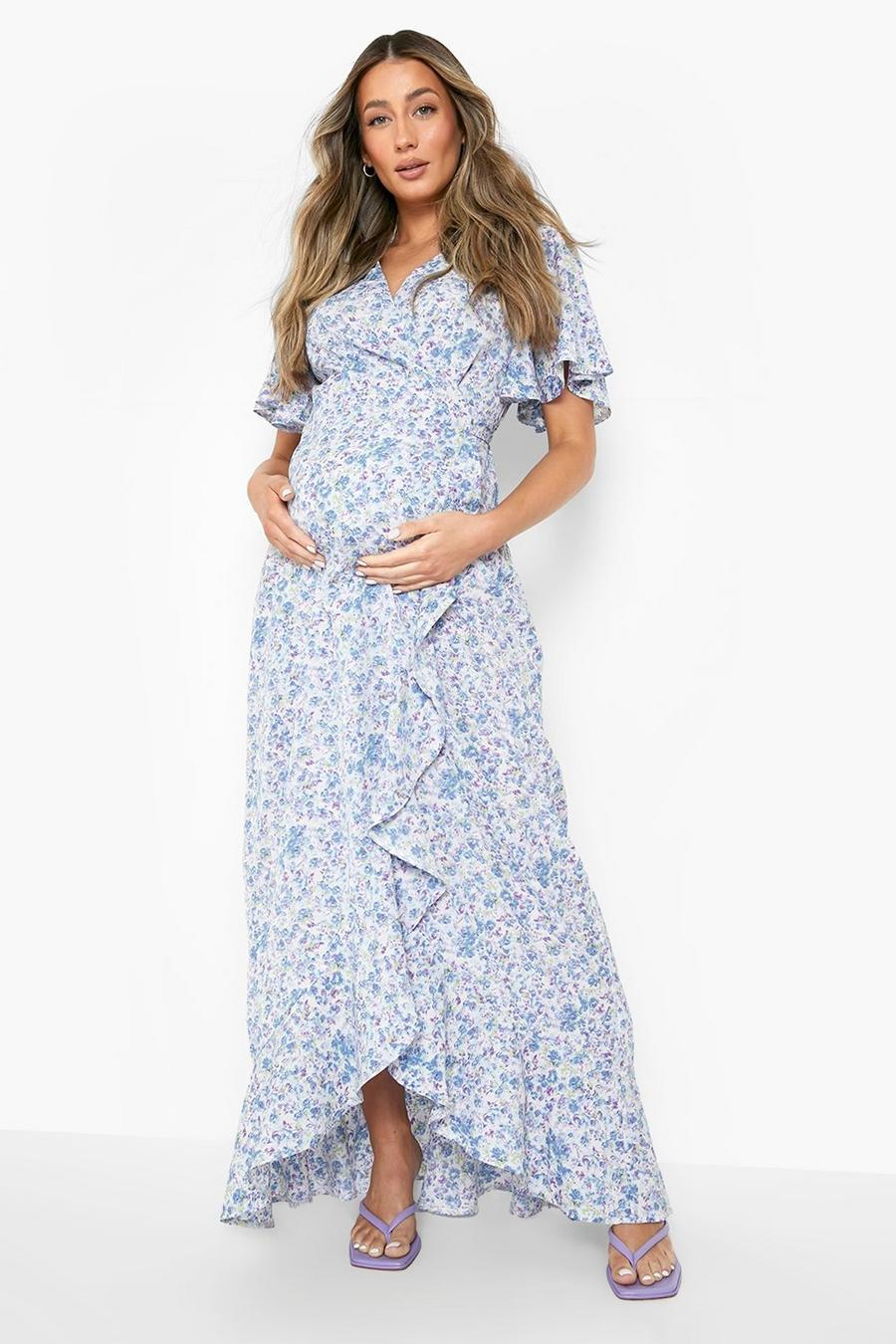 Blue Maternity Floral Ruffle Hem Maxi Dress image number 1