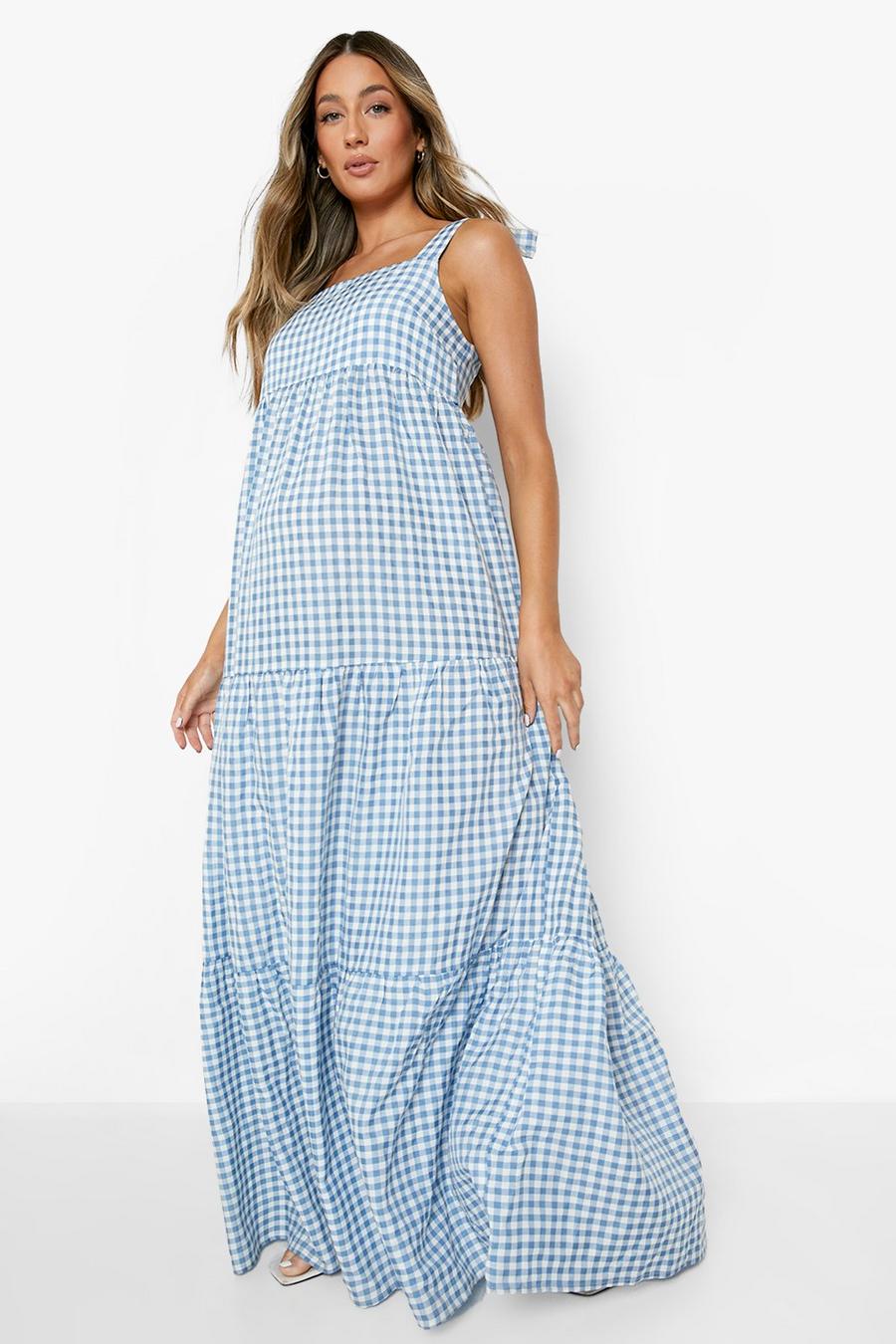 Blue Maternity Gingham Tie Tier Midaxi Dress