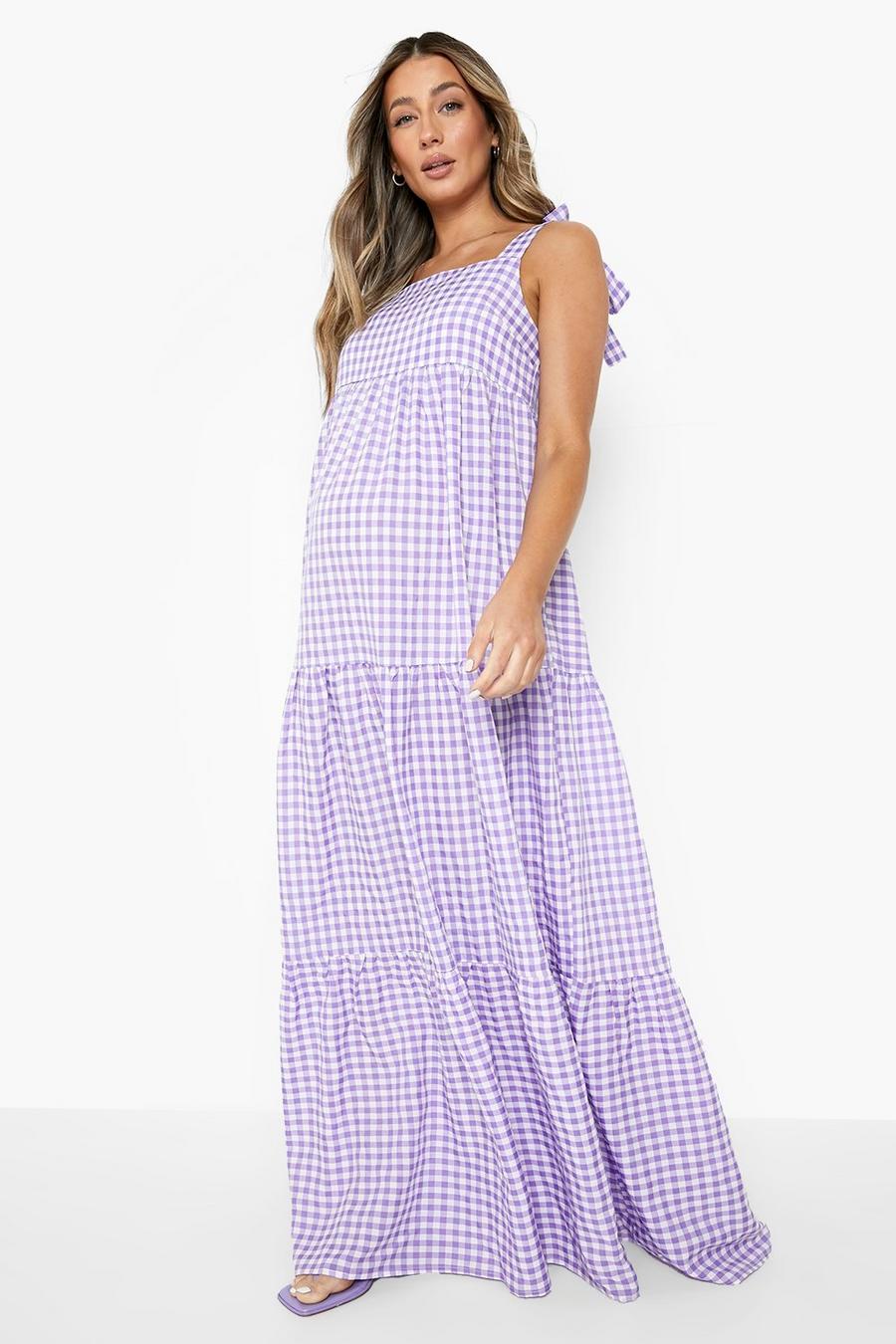 Lilac purple Maternity Gingham Tie Tier Midaxi Dress