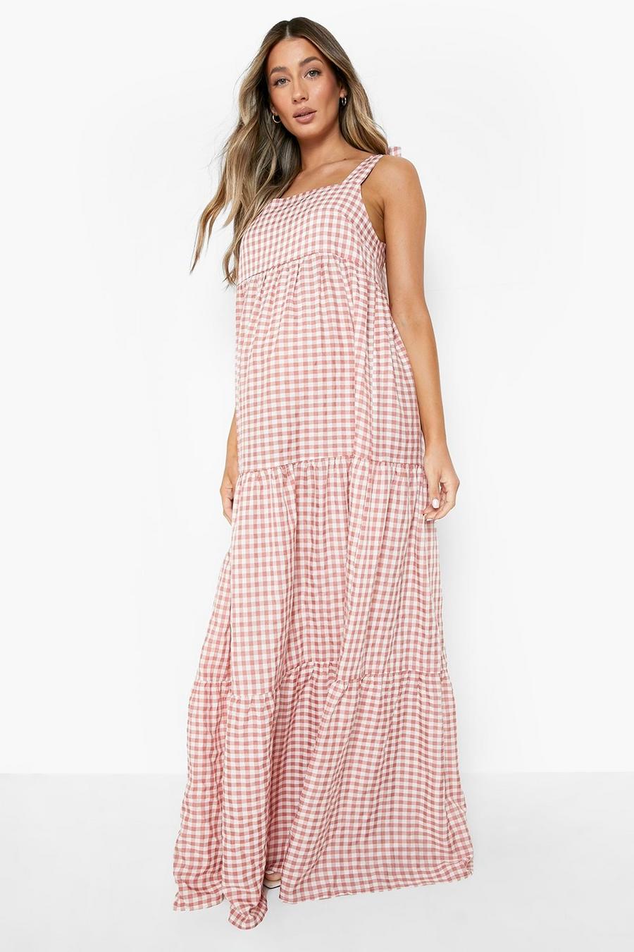 Pink Maternity Gingham Tie Tier Midaxi Dress image number 1