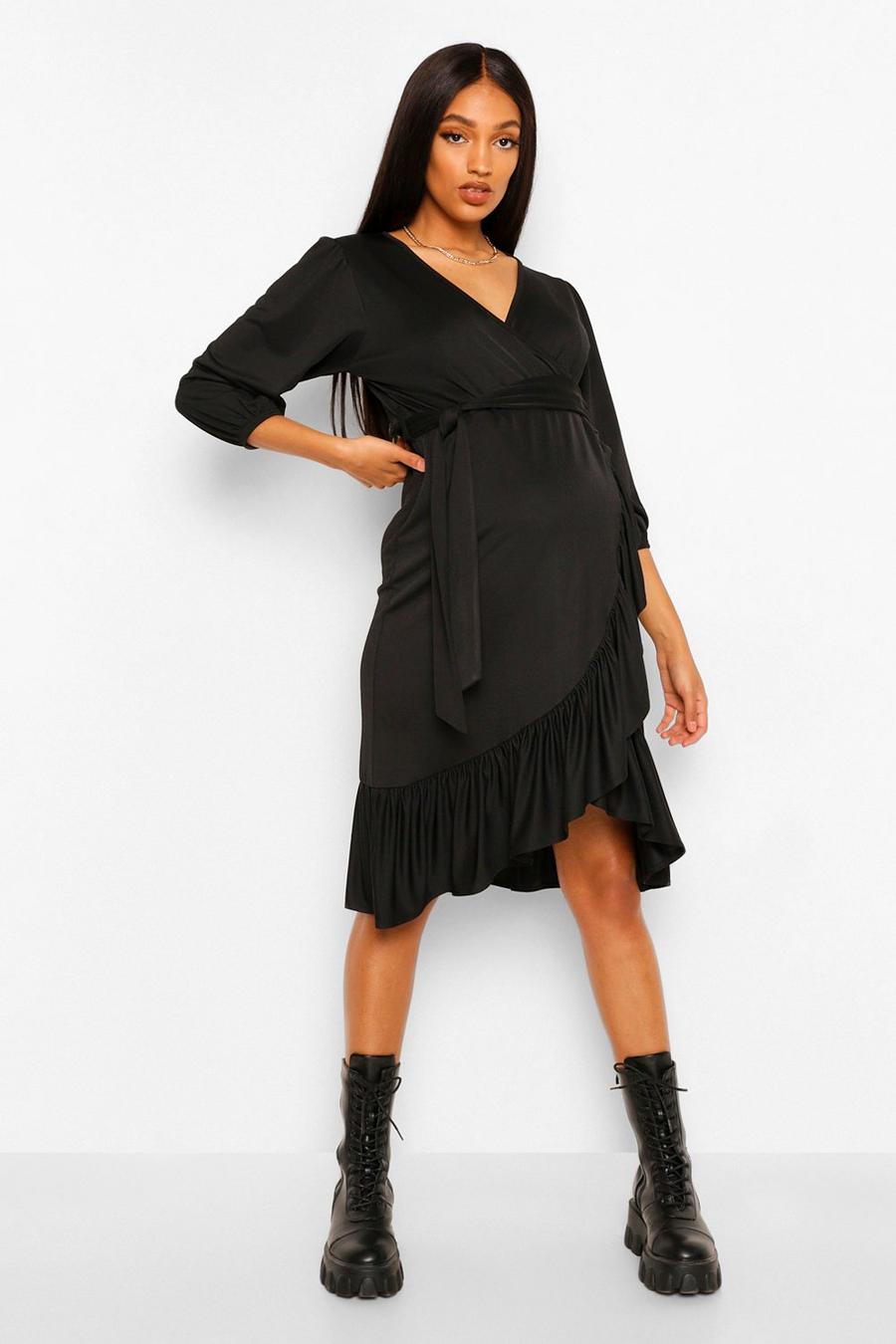 Black Maternity Ruffle Hem Puff Sleeve Wrap Midi Dress image number 1