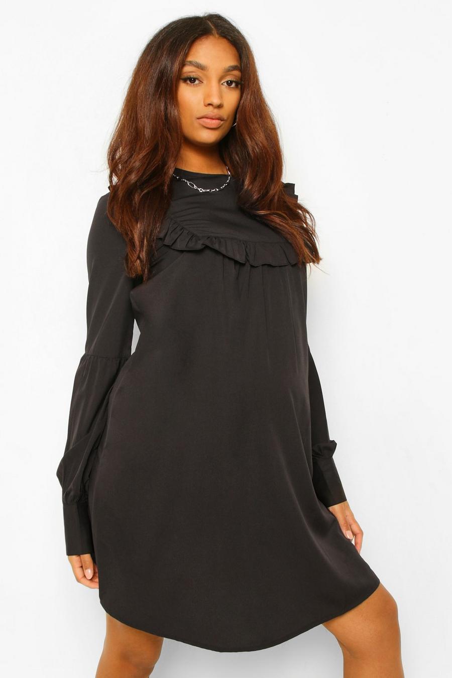 Black Maternity Drape Sleeve Ruffle Shift Dress image number 1