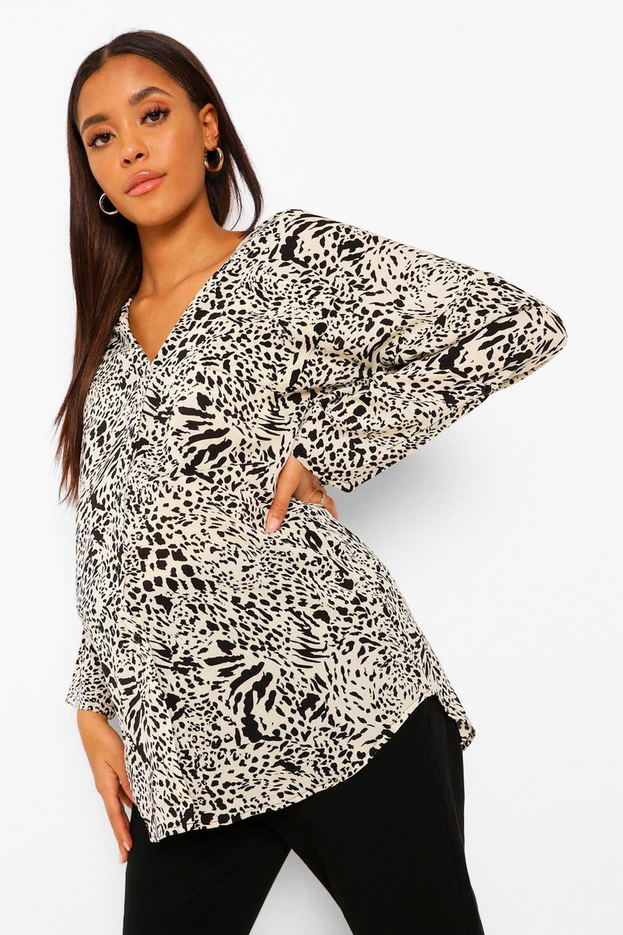 Black Maternity Leopard Print Oversized Shirt image number 1