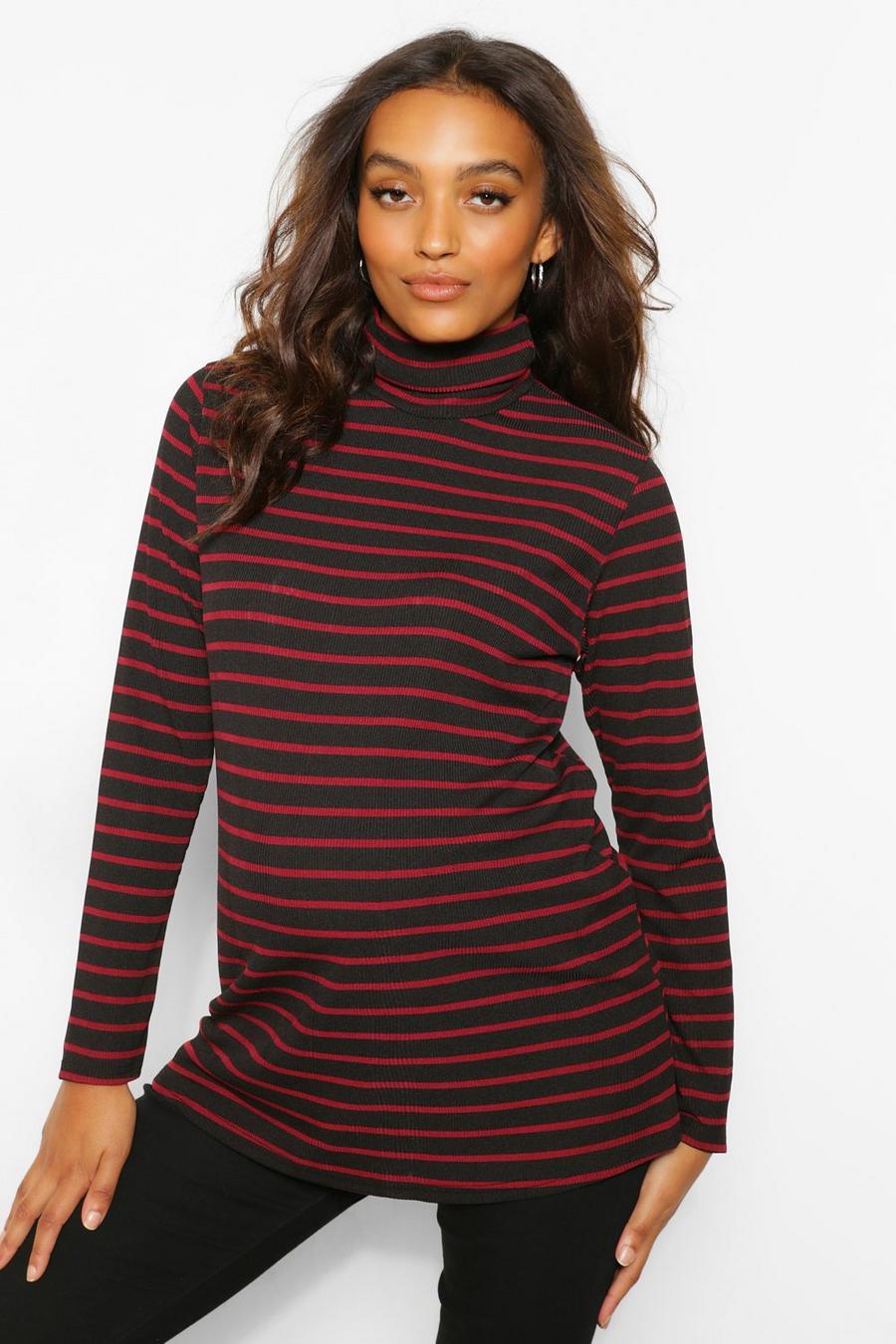 Wine Maternity Roll Neck Stripe Ribbed Top image number 1