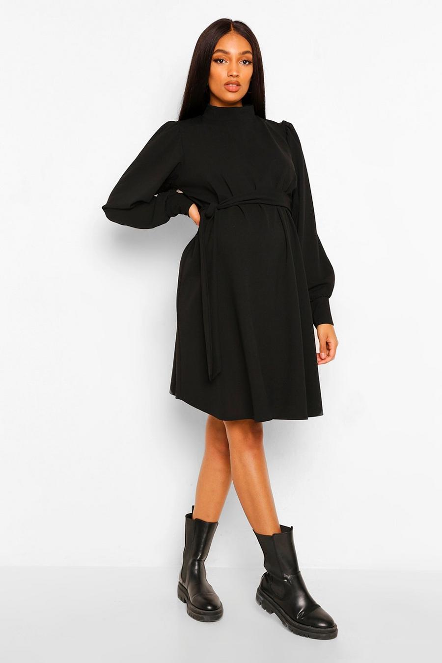 שחור שמלת שיפט עם קשירה במותן ושרוולי בלון בגדי היריון image number 1