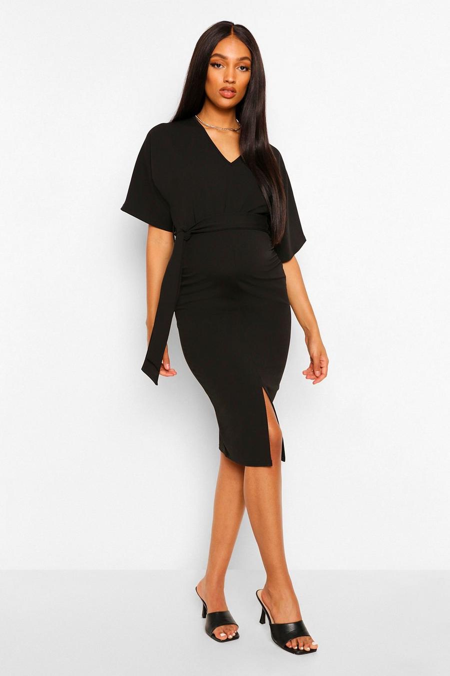שחור שמלת מידי קימונו עם חגורת קשירה בגדי היריון image number 1