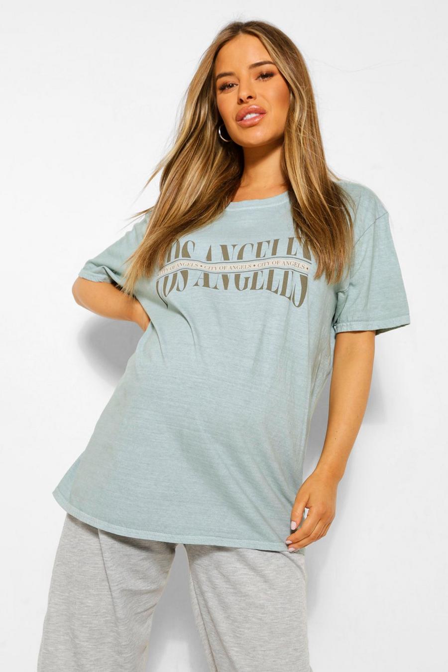 T-shirt premaman con scritta “Los Angeles” effetto lavato, Salvia image number 1