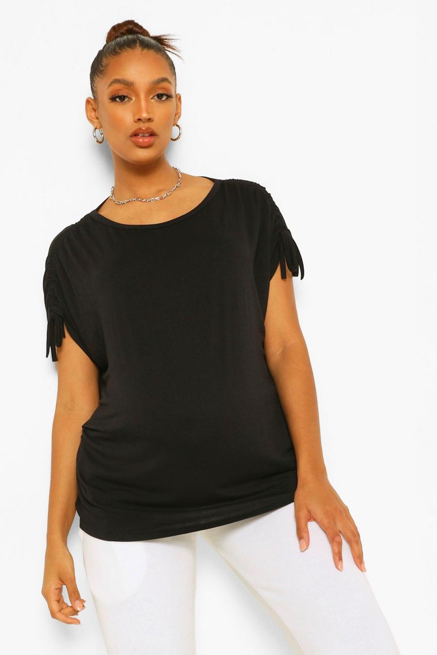 Black Maternity Ruched Sleeve Slouchy T-Shirt image number 1