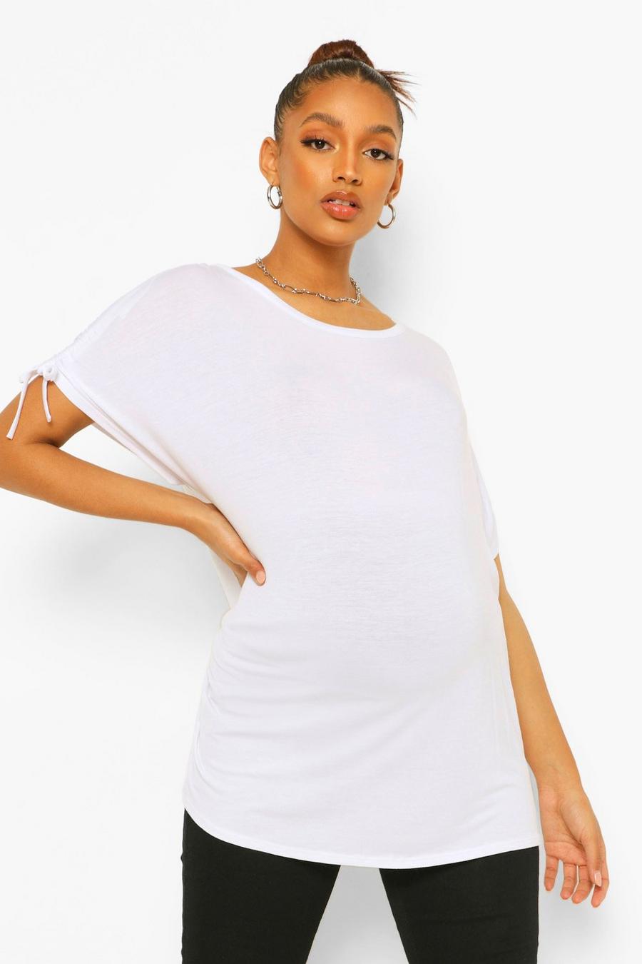 White Maternity Ruched Sleeve Slouchy T-Shirt image number 1