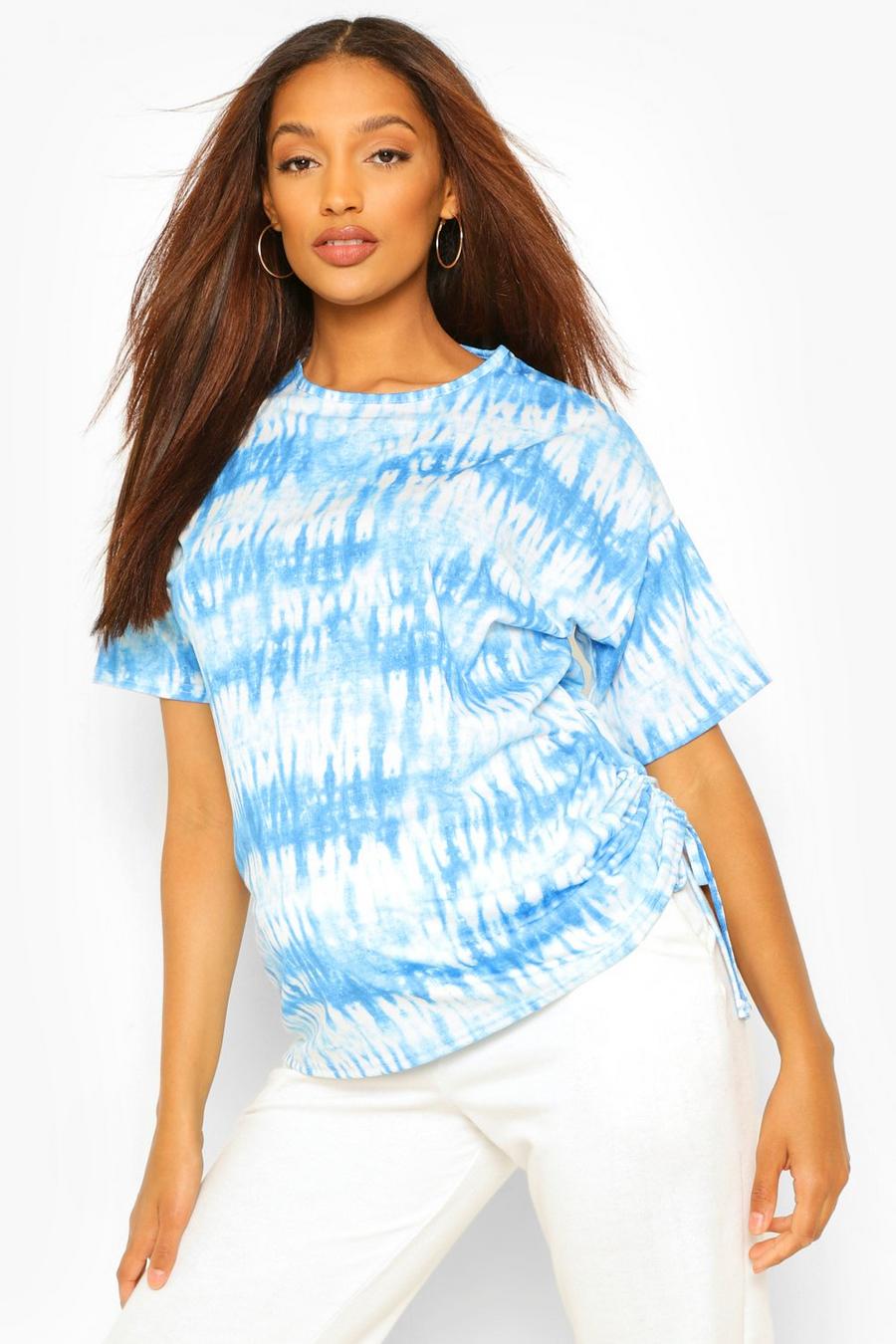 Blue Maternity Tie Dye Ruched Side Tunic Top image number 1