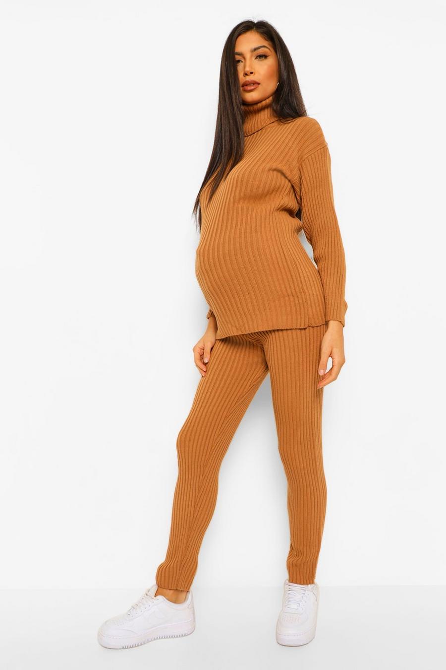 Camel beige Maternity Jumper And Leggings Knitted Rib Co-ord